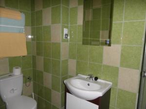 Baño de azulejos verdes con lavabo y aseo en Villa Banita, en Ustka