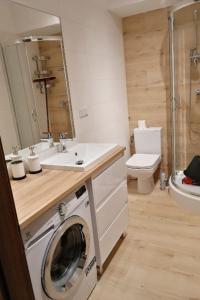 a bathroom with a washing machine and a sink at Apartament Verona in Krynica Zdrój