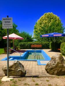 a swimming pool with two large rocks and an umbrella at Haus Gisela in Endingen