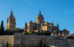 a large building with two domes on top of a wall at Hostal Mindanao in Salamanca
