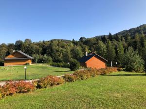 a grassy field with a house and a building at Chatki u Oli in Baligród