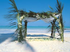 a wedding arch on a beach with the ocean at The Palms Zanzibar in Bwejuu