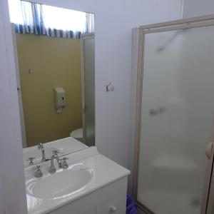 a bathroom with a sink and a shower at Turn-in Motel in Warrnambool