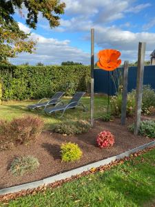 dos sillas y una sombrilla en un jardín en Le Petit Remballais, en Avessac