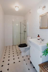 a bathroom with a toilet and a shower and a sink at Stockholm Archipelago apartment in Vaxholm