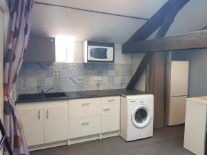 une cuisine avec un lave-linge et un micro-ondes dans l'établissement Chambre d'Hôtes La Rose des Vents, à Sathonay-Camp