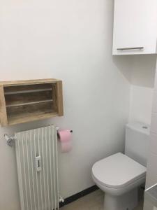 La salle de bains est pourvue de toilettes blanches et d'un radiateur. dans l'établissement Les Fougères, à Gréolières-les-Neiges