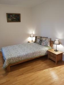 a bed in a room with two lamps on tables at AQUA Apartamentai prie AQUA PARKO in Druskininkai