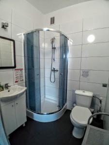 a bathroom with a shower and a toilet and a sink at Central Sopot in Sopot