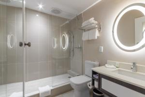 een badkamer met een toilet, een douche en een wastafel bij Holiday Inn - Johannesburg Sunnyside Park, an IHG Hotel in Johannesburg