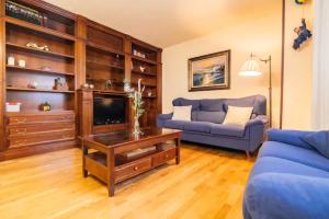 a living room with a blue couch and a tv at Residencial Caliza in Madrid