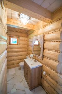 ウストロンにあるŚwierkowy Rajの木製バスルーム(洗面台、トイレ付)