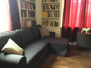 un divano nero in un soggiorno con librerie di Apartment Castle Square z widokiem na Plac Zamkowy i Zamek Królewski a Varsavia