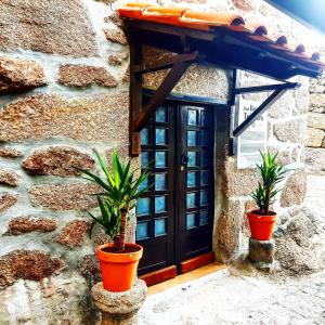 uma porta de um edifício de pedra com dois vasos de plantas em Casa Bento Teixeira em Belmonte