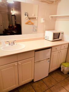 encimera de cocina con fregadero y microondas en Red Carpet Inn & Suites en Calgary