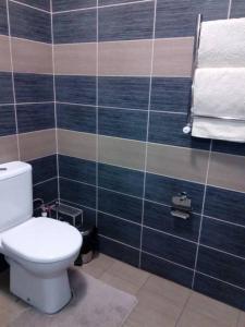 ヤロスラヴリにあるYar Domの青いタイルのバスルーム(白いトイレ付)