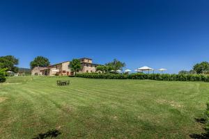 サン・ジミニャーノにあるAgriturismo Poggiacolleの家を背景に広大な草原