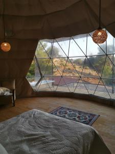 AlıncaにあるTürkdomes Glampingのベッド1台、大きなガラス窓が備わる客室です。