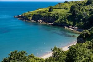a beach with a bunch of people in the water at Loxley's Devon Lodge in Brixham
