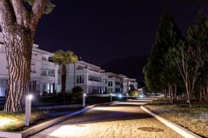 eine Stadtstraße in der Nacht mit einem Baum und Gebäuden in der Unterkunft Delta Resort Apartments in Ascona