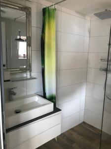 a bathroom with a sink and a shower at Apart am Inn in Pfunds