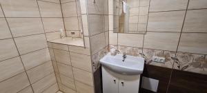 a bathroom with a sink and a mirror at Sauliaus apartamentai VIP in Panevėžys