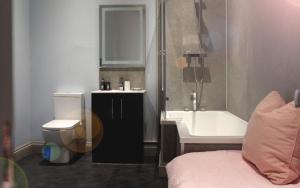 a bathroom with a toilet and a sink and a bath tub at The Globe Angle in Pembrokeshire +41 photos