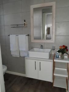 a bathroom with a white sink and a mirror at 16 Rhodes-North Self Catering Apartment & Studio in Stellenbosch