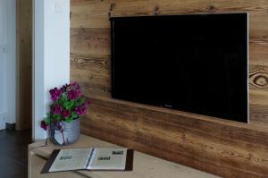 een televisie op een houten muur met een vaas met bloemen bij Landhaus Freiburgerhof in Rifiano