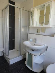 a bathroom with a glass shower and a sink at Haus Sandra Ferienwohnung 2 in Dahme