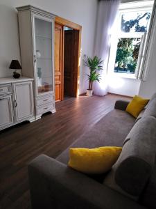 ein Wohnzimmer mit einem Sofa und einem gelben Kissen in der Unterkunft Dolina Apartman in Eger