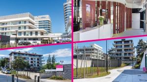 cztery różne widoki na budynki w mieście w obiekcie VacationClub – Baltic Park Fort Apartament F.308 w Świnoujściu