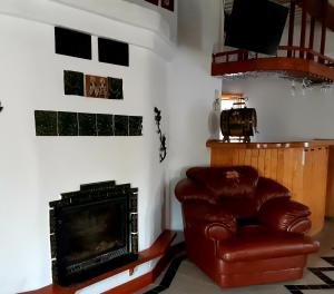 a living room with a leather chair and a fireplace at Vesela Sadyba in Veselivka