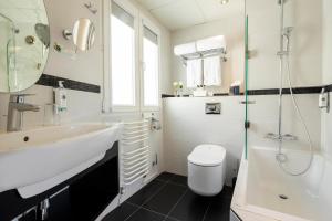 ein Bad mit einem Waschbecken, einem WC und einer Dusche in der Unterkunft Hotel Plaza Elysées in Paris