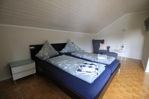 eine blaue Couch mit Kissen darauf in einem Zimmer in der Unterkunft Wiegmann´s Ferienhaus in Mechernich