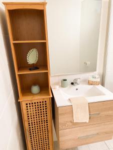 een badkamer met een wastafel en een spiegel bij Lagon Sainte-Anne : au calme et à 2 pas des plages in Sainte-Anne