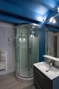 a bathroom with a glass shower and a sink at La Chambre du Tonneau in Montigny-sur-lʼAin