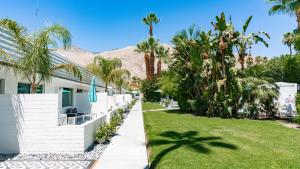 a walkway in front of a house with palm trees at BelleVue Oasis - Adults Only in Palm Springs