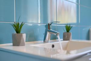 a bathroom sink with a faucet and two plants at Apartments Orange Medulin in Medulin