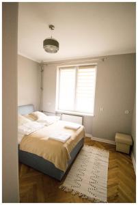 a bedroom with a bed with a window and a rug at Color 24 Apartament III in Stalowa Wola