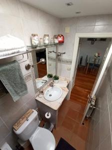łazienka z toaletą, umywalką i lustrem w obiekcie La casa de LA FLORA a 3 minutos de la catedral VUT09187 w mieście Burgos