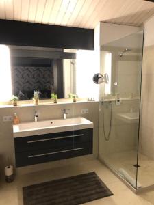 een badkamer met een wastafel en een douche bij Residence in Chieming
