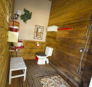 バルジャックにあるNatura Lodgeの木製の壁のバスルーム(トイレ付)