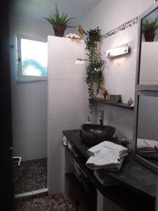 ein Bad mit einem Waschbecken und einem Spiegel in der Unterkunft LES BIGORNEAUX in Saint-Suliac