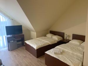 1 dormitorio con 2 camas y TV en el ático en Zajazd Antresola en Snochowice