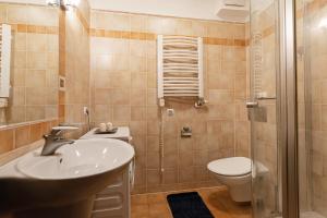 a bathroom with a sink and a toilet and a shower at Negroni Apartments Stare Miasto in Krakow