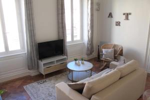 a living room with a couch and a tv at CHIC ANDREOSSY-COSY-AUTHENTIQUE-WI-Fi-Vélo in Castelnaudary