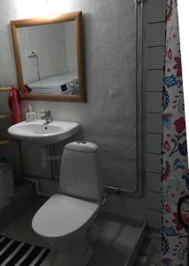 a bathroom with a toilet and a sink and a mirror at Lillstugan Elofstorp in Kristinehamn