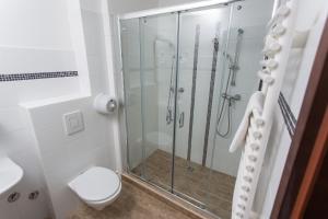 a bathroom with a shower and a toilet at Révész Hotel, Restaurant and Rosa Spa in Győr