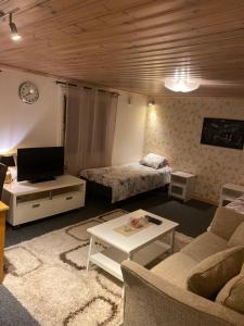 uma sala de estar com uma cama e um sofá em Karlskrona em Rödeby